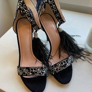 Black Studded Heels with Feather Tassel